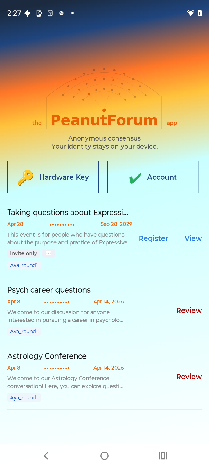 Peanut Forum app on Android, showing a list of events